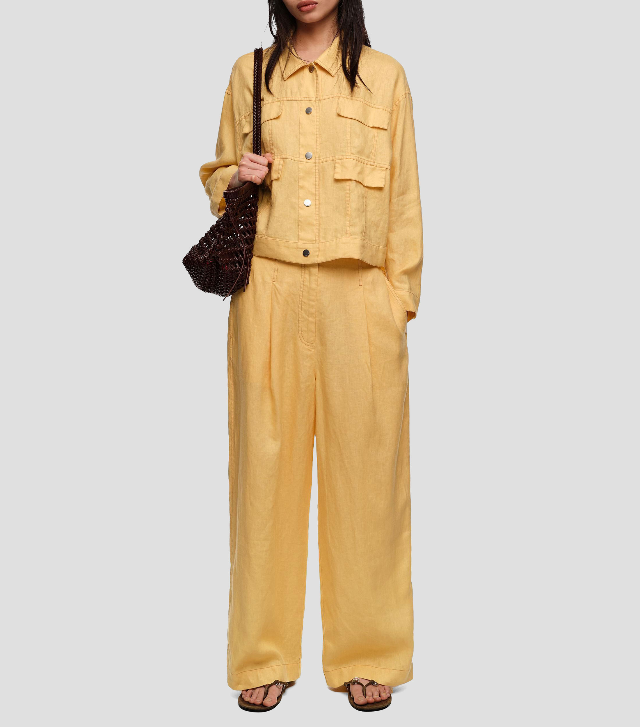 Pantalón recto pinzas lino Mujer
